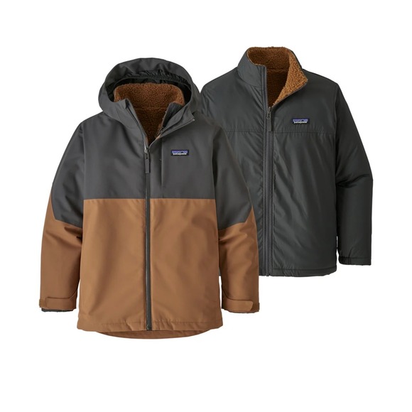 Patagonia Kids Reversible Jacket Brown Gray Hooded Fleece Lined Winter - Picture 1 of 8